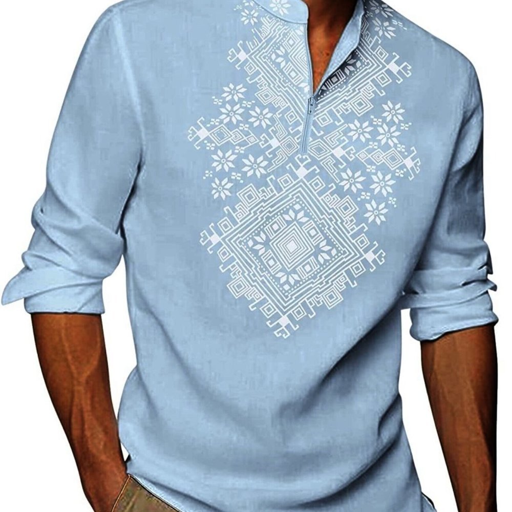Coofandy Men Henley Blue Shirt Long Sleeve Floral Cotton Beach Wedding Size XXL